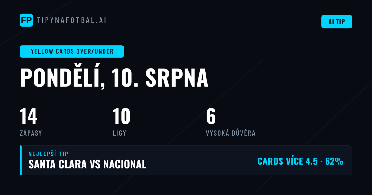 Nejlepší tipy na O/U žlutých karet pro 10. srpna 2026