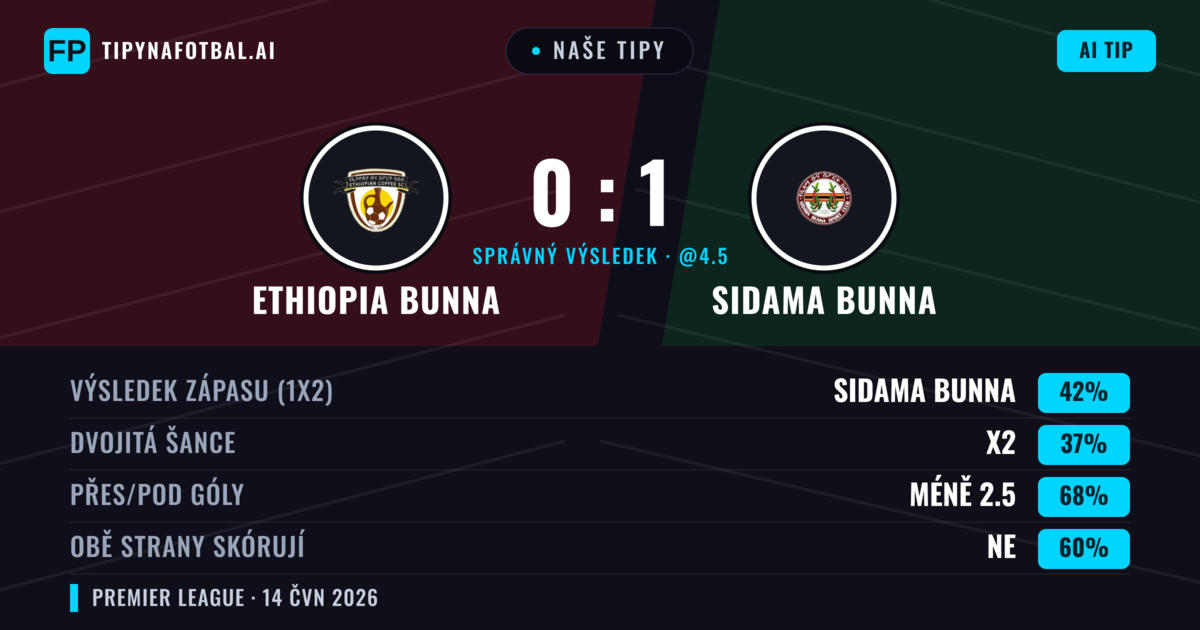 Naše tipy: Ethiopia Bunna vs Sidama Bunna — Sidama Bunna — Vítězství (42%); Pod 2.5; Obě strany skórují: Ne