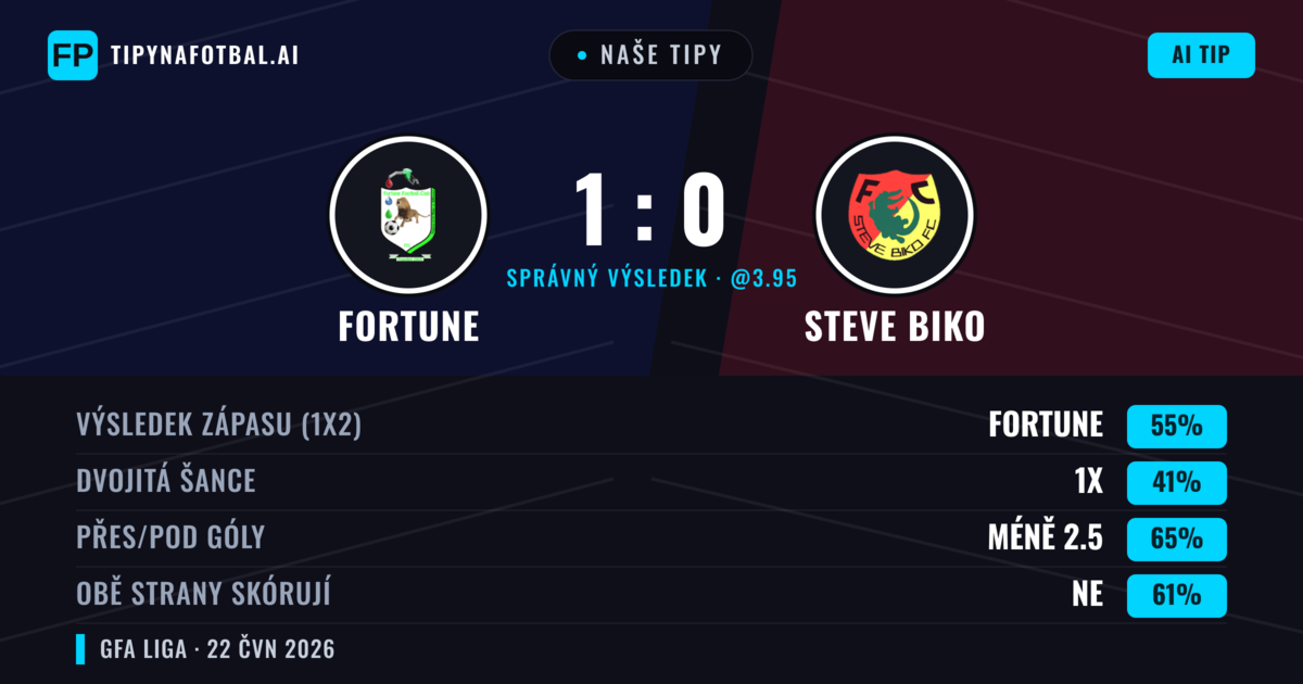 Naše tipy: Fortune vs Steve Biko — Fortune — Vítězství (55%); Pod 2.5; Obě strany skórují: Ne