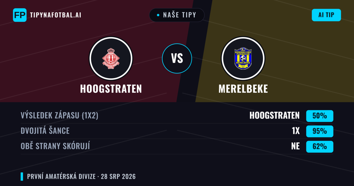 Naše tipy: Hoogstraten vs Merelbeke — Hoogstraten — Vítězství (53%); Přes 2.5; Obě strany skórují: Ano