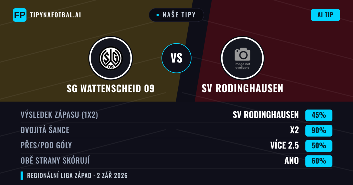 Naše tipy: SG Wattenscheid 09 vs SV Rodinghausen — Remíza (45%); Přes 2.5; Obě strany skórují: Ano