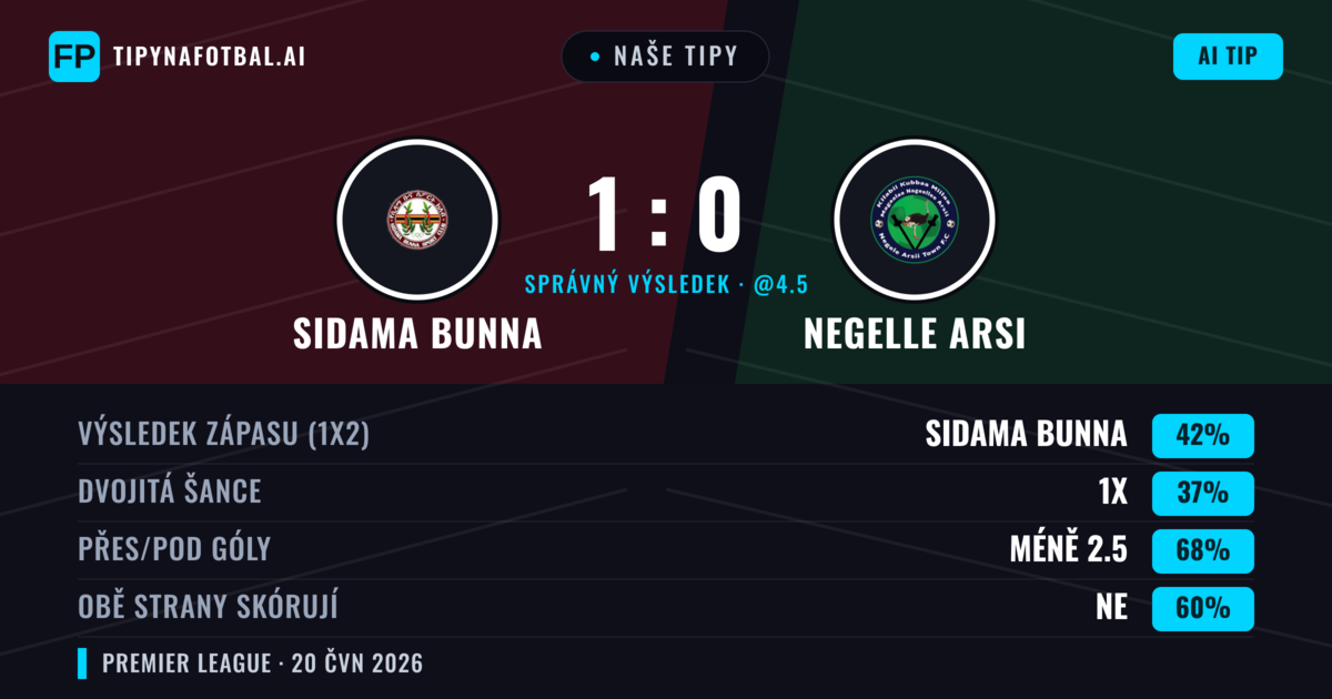 Naše tipy: Sidama Bunna vs Negelle Arsi — Sidama Bunna — Vítězství (42%); Pod 2.5; Obě strany skórují: Ne