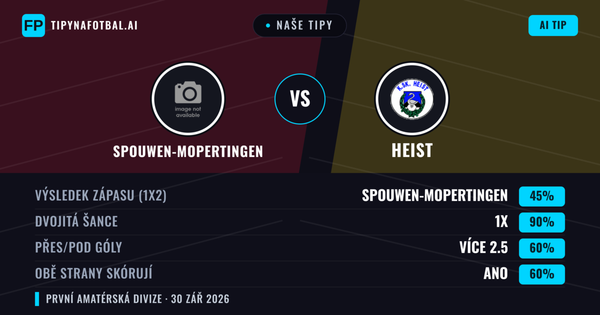 Naše tipy: Spouwen-Mopertingen vs Heist — Heist — Vítězství (38%); Přes 2.5; Obě strany skórují: Ano