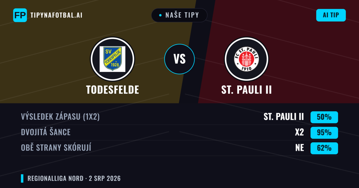 Naše tipy: Todesfelde vs St. Pauli II — Remíza (50%); Obě strany skórují: Ne