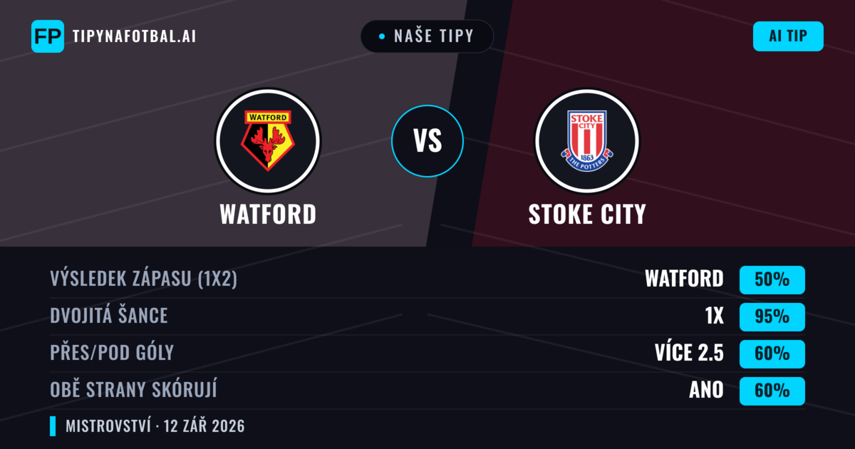 Naše tipy: Watford vs Stoke City — Remíza (50%); Přes 2.5; Obě strany skórují: Ano