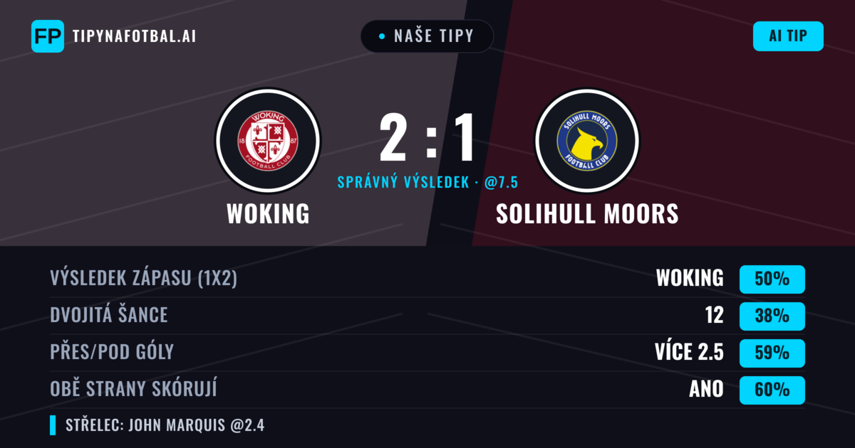 Naše tipy: Woking vs Solihull Moors — Woking — Vítězství (50%); Přes 2.5; Obě strany skórují: Ano